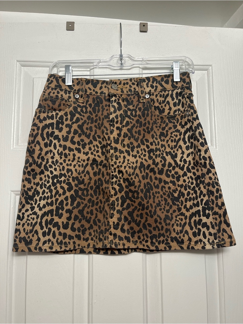 Leopard Print Denim Mini Skirt - Brown